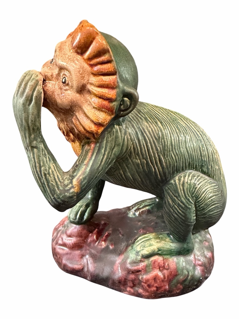 Rare Majolica Monkeys Capuchin Glazed Ceramic Figure Speak No Evil Figurine Prop